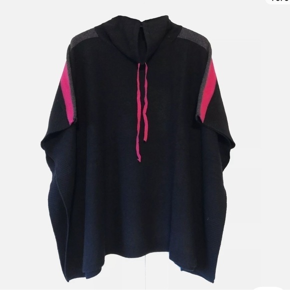 Tahari Black/Hot Pink Cashmere Wool Cowl Neck Poncho Sweater - Picture 1 of 5